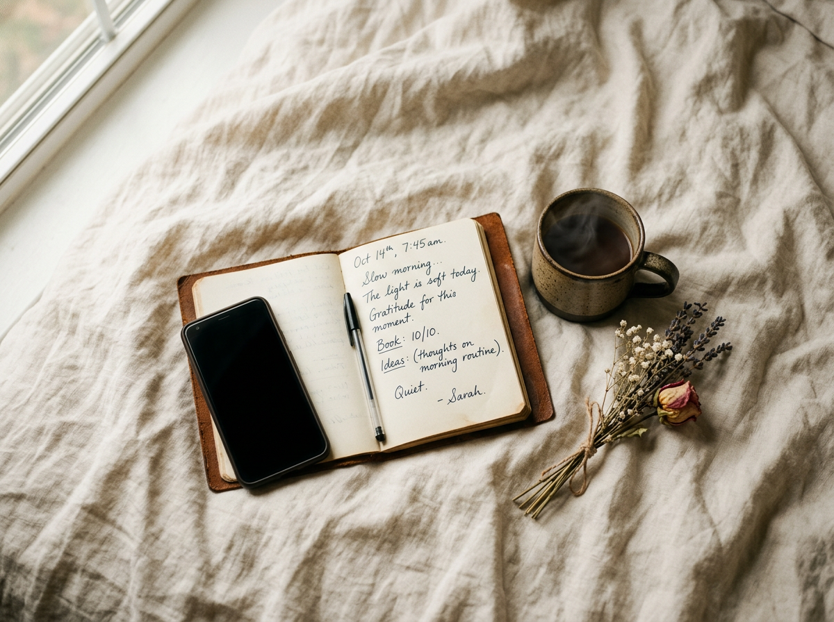 A phone beside a journal and coffee cup — editorial iOS app interface by Triune Softwares