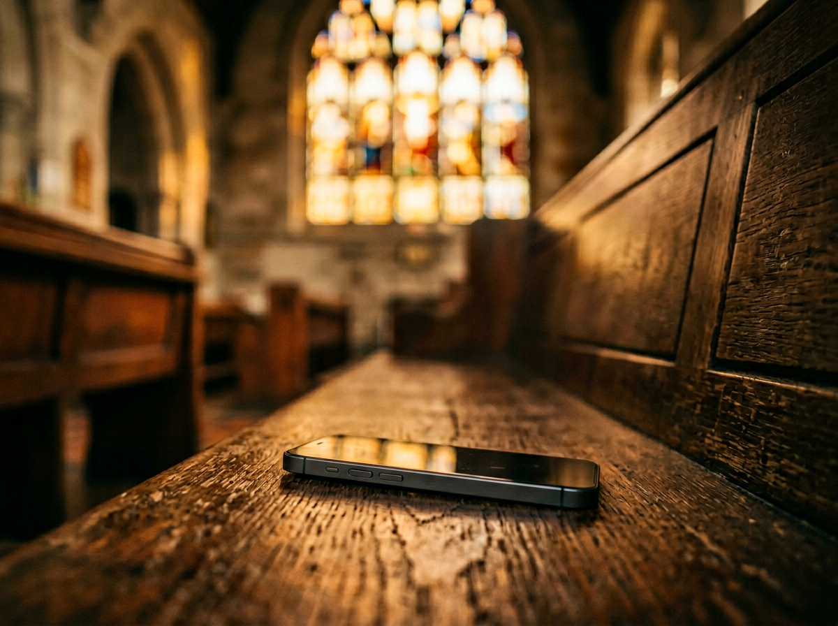 A phone resting in a pew — Stewards mobile app for parishes, built with React Native