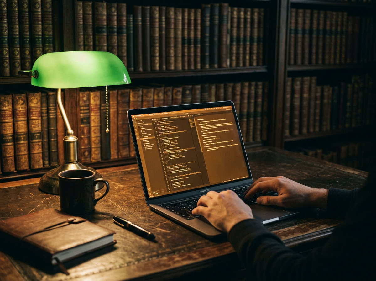 A desk with laptop, coffee and notebooks — custom web application development workstation in Brantford, Ontario